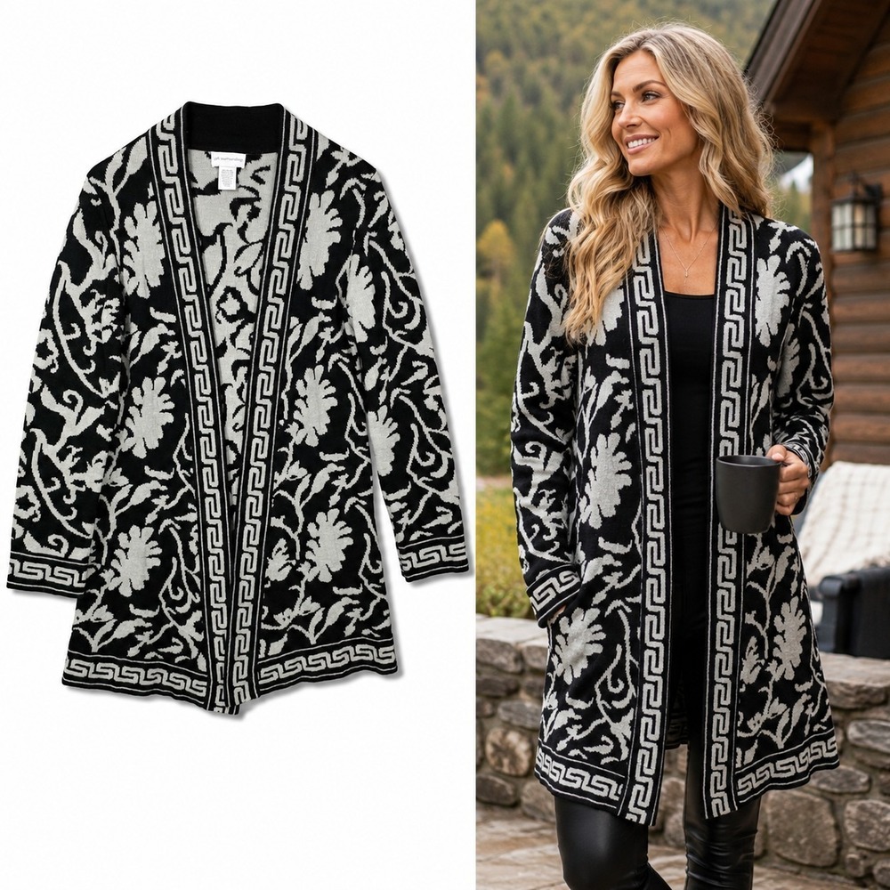 Soft Surroundings S Mohair Wool Blend Bistro Floral Duster Cardigan‎ Black Gray